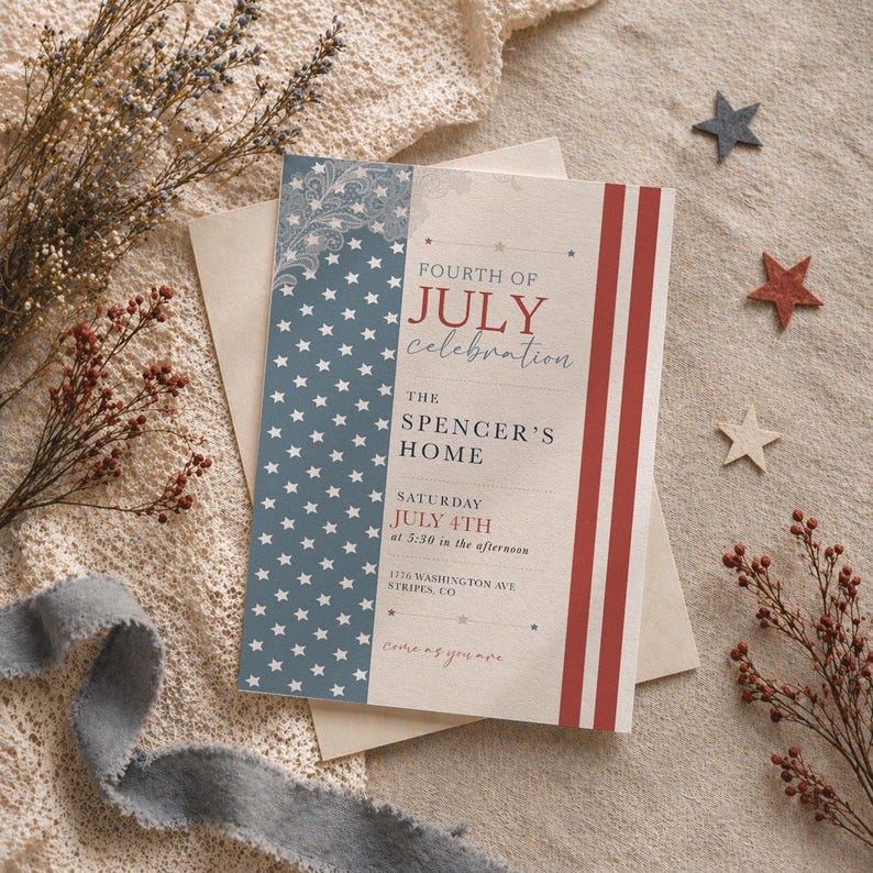 May include: A Fourth of July celebration invitation with a patriotic design. The invitation features a blue panel with white stars and a red and white striped panel. The text reads "Fourth of July Celebration" and "The Spencer's Home."
