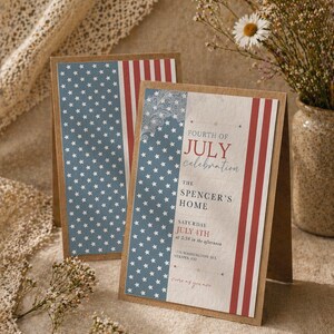 May include: Two Fourth of July celebration invitations. One features a blue background with white stars, the other has red and white stripes. The text reads "Fourth of July Celebration" and "The Spencer's Home".