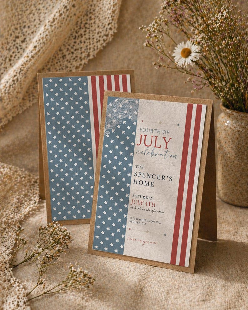 May include: Two Fourth of July celebration invitations. One features a blue background with white stars, the other has red and white stripes. The text reads "Fourth of July Celebration" and "The Spencer's Home".