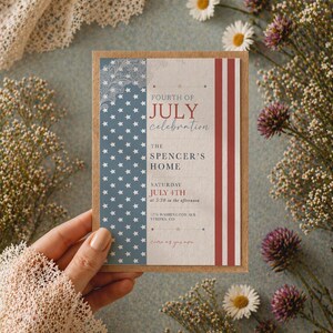 May include: A rectangular invitation card with a patriotic theme. The card features a blue section with white stars and a red and white striped section. Text on the card reads "Fourth of July Celebration" and event details. The card is held by a person.