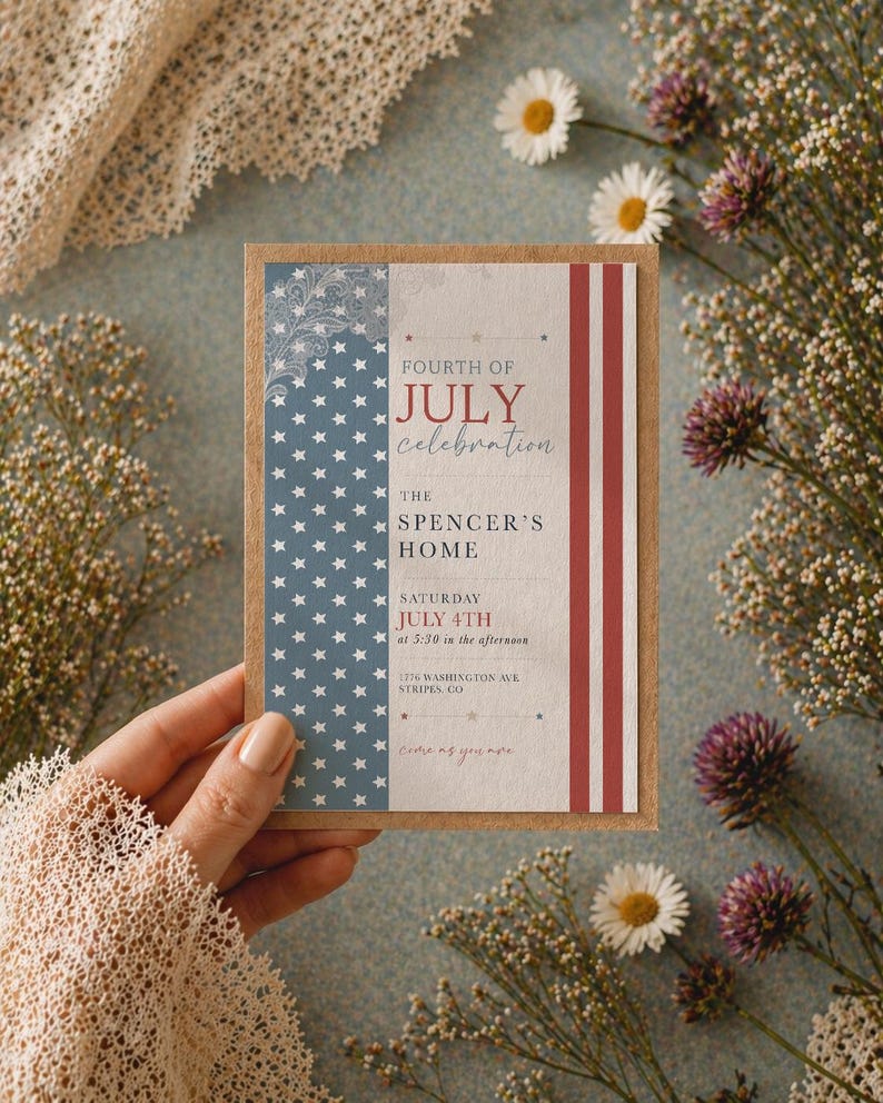 May include: A rectangular invitation card with a patriotic theme. The card features a blue section with white stars and a red and white striped section. Text on the card reads "Fourth of July Celebration" and event details. The card is held by a person.