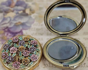 Vintage Style Compact Mirror, Rhinestone Floral Pocket Mirror, Cute Gift for Her, Decorative Makeup Mirror
