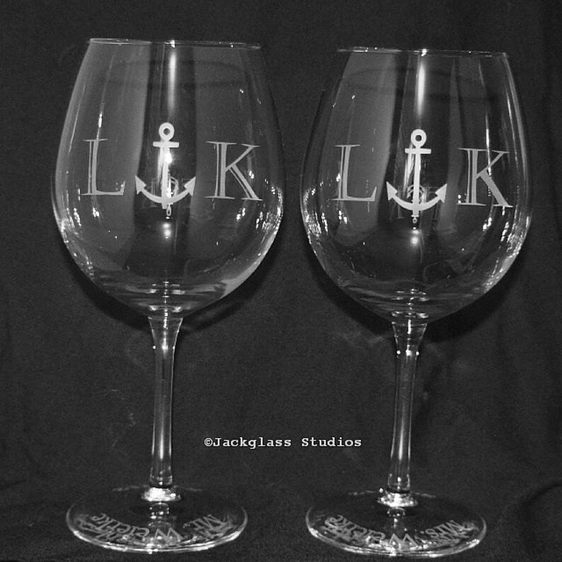 Nautical Wedding Etched Anchor Personalized Wine Glasses Etsy