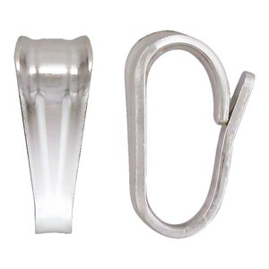 May include: Silver-toned metal pendant bail with a smooth, rounded top and a loop on the side. The bail is designed to attach a pendant to a chain or cord.