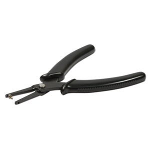 May include: Black pliers with a spring-loaded mechanism and textured handles. The tool has a pointed tip and is designed for precision work. The pliers are made of metal and have a matte finish.