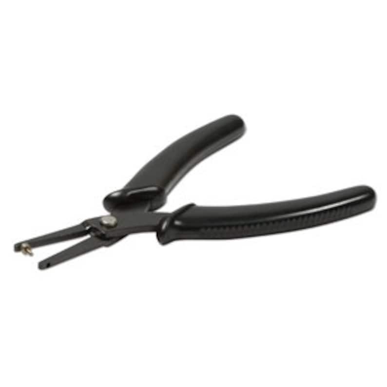 May include: Black pliers with a spring-loaded mechanism and textured handles. The tool has a pointed tip and is designed for precision work. The pliers are made of metal and have a matte finish.