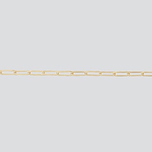 May include: A delicate gold-colored chain necklace with rectangular links. The chain is displayed against a plain, light gray background, highlighting its simple design and metallic sheen. The links are evenly spaced, creating a linear pattern.