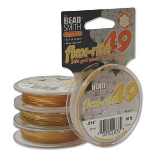 Flexrite 49 Strand 24k Gold Plated Nylon Coated Stainless Steel Wire .014 Inch/.35mm, 10 Feet, The Beadsmith, Made In Japan, T105