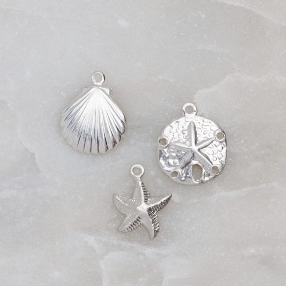 Set of Sea Life Charms - Sterling Silver Starfish, Shell and Sand Dollar, Made in USA, SC5-7