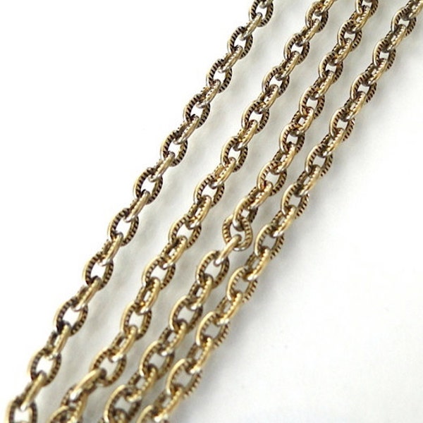 Custom Length, Any Length Antique Gold 3.5x5mm Etched Cable Chain Necklace, Made in USA, C28a