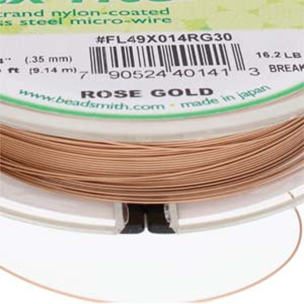 Flexrite 49 Strand  Rose Gold Plated Nylon Coated Stainless Steel Wire .014 Inch/.35mm, 30 Feet, The Beadsmith, Made In Japan, T215