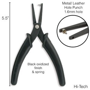 May include: Black metal hole punch with a 5.5-inch length and a 1.6mm hole. Features a black oxidized finish and spring. The tool is designed for metal and leather. Includes a close-up of the hole punch.