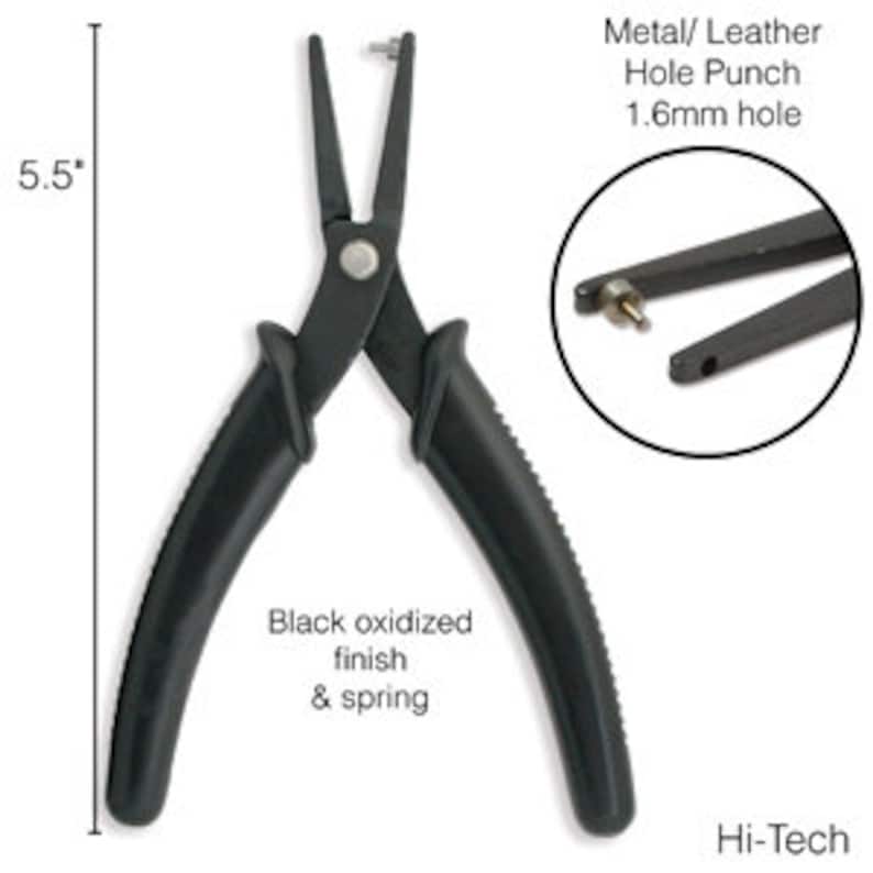 May include: Black metal hole punch with a 5.5-inch length and a 1.6mm hole. Features a black oxidized finish and spring. The tool is designed for metal and leather. Includes a close-up of the hole punch.