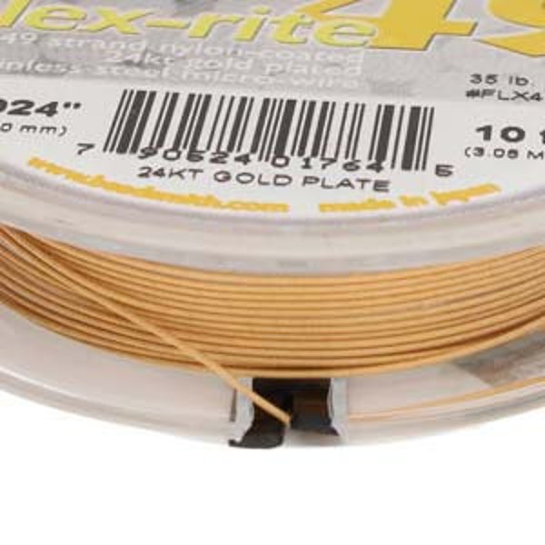 Flexrite 49 Strand 24k Gold Plated Nylon Coated Stainless Steel Wire .018 Inch/.45mm, 10 Feet, The Beadsmith, Made In Japan, T212