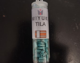 Miyuki Tila Beads 5x5x1.9mm Turquoise Opaque Matte AB 7.2 Grams, The Beadsmith, Made In Japan, T638