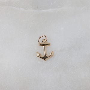 Op de afbeelding: Een kleine, goudkleurige ankerbedel met een lus aan de bovenkant om aan een ketting of armband te bevestigen. De anker heeft een klassiek ontwerp met een horizontale balk en twee vinnen.