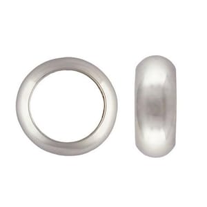 May include: Two silver metal ring-shaped beads, one with a round hole in the center and the other with a smooth, rounded surface.