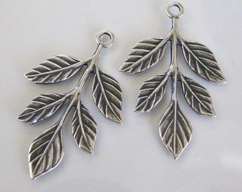2 Antiqued Silver Leaf Branch Charms 23x36mm, Made in USA, AS12