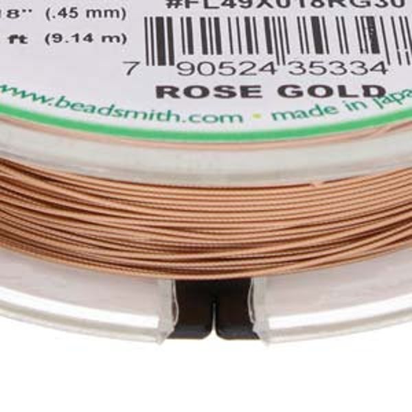 Flexrite 49 Strand  Rose Gold Plated Nylon Coated Stainless Steel Wire .018 Inch/.45mm, 30 Feet, The Beadsmith, Made In Japan, T102