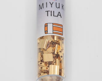 Miyuki Tila Beads 5x5x1.9mm 24K Gold Plated 7.2 Grams, The Beadsmith, Made In Japan, T449