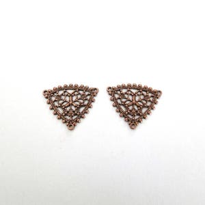 Two Antiqued Copper - Brass 20mm Filigree Triangle Connectors W/ 3 Loops, Made in USA, AC13