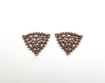 Two Antiqued Copper - Brass 20mm Filigree Triangle Connectors W/ 3 Loops, Made in USA, AC13