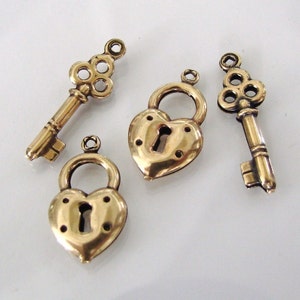 4 Antiqued Gold Double Sided Heart Lock And Key Charms, Made in USA, AG31