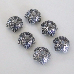 6 Antique Silver 8mm Leaf Design Bead Caps, AS37