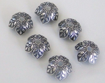 6 Antique Silver 8mm Leaf Design Bead Caps, AS37