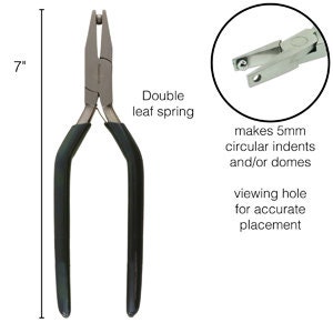 May include: A 7-inch long metal tool with black handles. It has a double leaf spring and a viewing hole for accurate placement. The tool makes 5mm circular indents and/or domes.