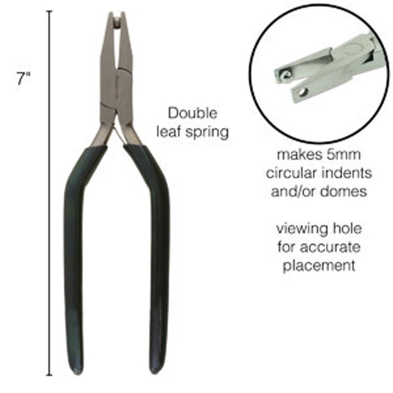May include: A 7-inch long metal tool with black handles. It has a double leaf spring and a viewing hole for accurate placement. The tool makes 5mm circular indents and/or domes.