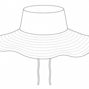 May include: A white sun hat with a wide, wavy brim featuring concentric stitched lines and a flat-topped crown. Two thin, dangling strings hang from the base of the crown, extending downward from the center of the hat's brim.