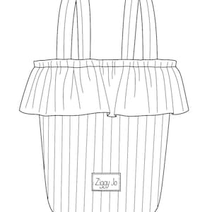 May include: A black and white line drawing of a tote bag with vertical stripes. The bag has two handles and a ruffled top. A rectangular label with the text "Ziggy Jo" is on the front.