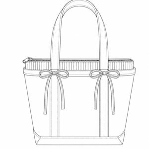 May include: A black and white line drawing of a tote bag featuring two vertical straps, a zippered top closure, and two decorative bows tied at the front. The bag has a structured base and a striped pattern along the upper section near the zipper.