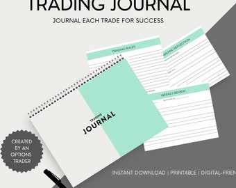 May include: A white and mint green Trading Journal with the text "Trading Journal" and "Journal Each Trade For Success". The journal is spiral-bound and includes pages for trading rules, reflection, and weekly review. A black pen is also visible.