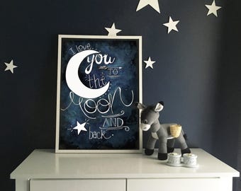 To The Moon And Back Digital Print, Dark Blue Nursery Wall Art, Kids Room Decor, Baby Gift, Moon Print, Digital Download A3/A4