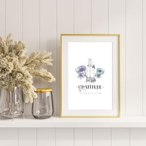 Gratitude Wall Art, Line Drawing Print, Watercolor Quote Print, Mindfulness Decor, Positive Affirmation, Digital Download, A4 Size