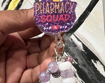 Pharmacy Squad Badge Reel Nurse ID Holder Retractable Clip for Pharmacists Techs and Pharmacist Staff Cute Gift for Healthcare Workers