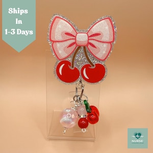 Cherry Bow Badge Reel Cute Pink and Red Nurse ID Clip with Fun Charm for Teachers CNAs Medical Assistants Office Workers Badge Gift