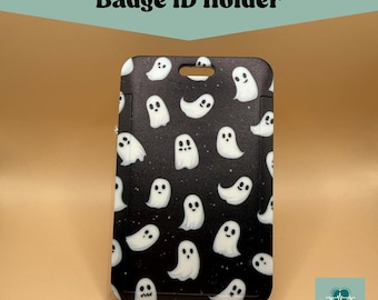 Portatarjetas de identificación con diseño de fantasma de Halloween, estuche vertical para tarjetas de identificación con temática de terror en blanco y negro, accesorio de trabajo espeluznante, regalo para enfermeras y maestras.