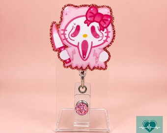 Portatarjetas rosa con diseño de grito, lindo portatarjetas rosa de enfermera con temática de terror, portatarjetas de identificación brillante para Halloween, regalo espeluznante para trabajadores de la salud