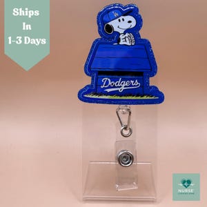 Snoopy LA Dodgers Baseball Dog House Badge Reel Blue Sports ID Badge Clip Gift Idea for Nurse Tech Teacher Work Accessory