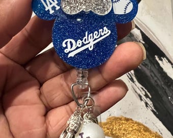 LA Team Blue Inspired Baseball Red Bow Mouse Badge Reel  Nurse Badge Reel Medical Badge Reel Medical Assistant Badge Reel