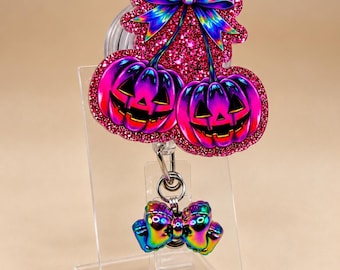 Porta credenciales de calabaza de Halloween rosa brillante con lazo rosa, carrete retráctil para identificación, regalo espeluznante para enfermera