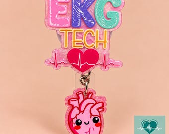 Portatarjetas de identificación para técnico de electrocardiograma con dije de corazón anatómico. Idea de regalo para técnico de telemetría.