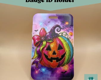 Portatarjetas de identificación con forma de calabaza arcoíris, calabaza colorida de Halloween, estuche vertical colorido para tarjetas de identificación, regalo para enfermeras y maestras, accesorio para enfermeras.