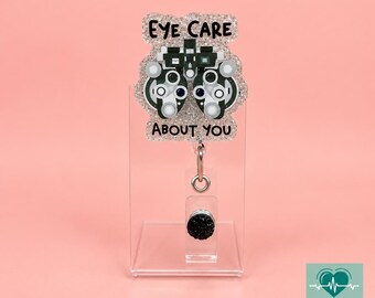 Portatarjetas de identificación Eye Care About You, portatarjetas de identificación con forma de foróptero plateado brillante, portatarjetas de identificación de optometría, regalo para ópticos y personal de atención oftalmológica