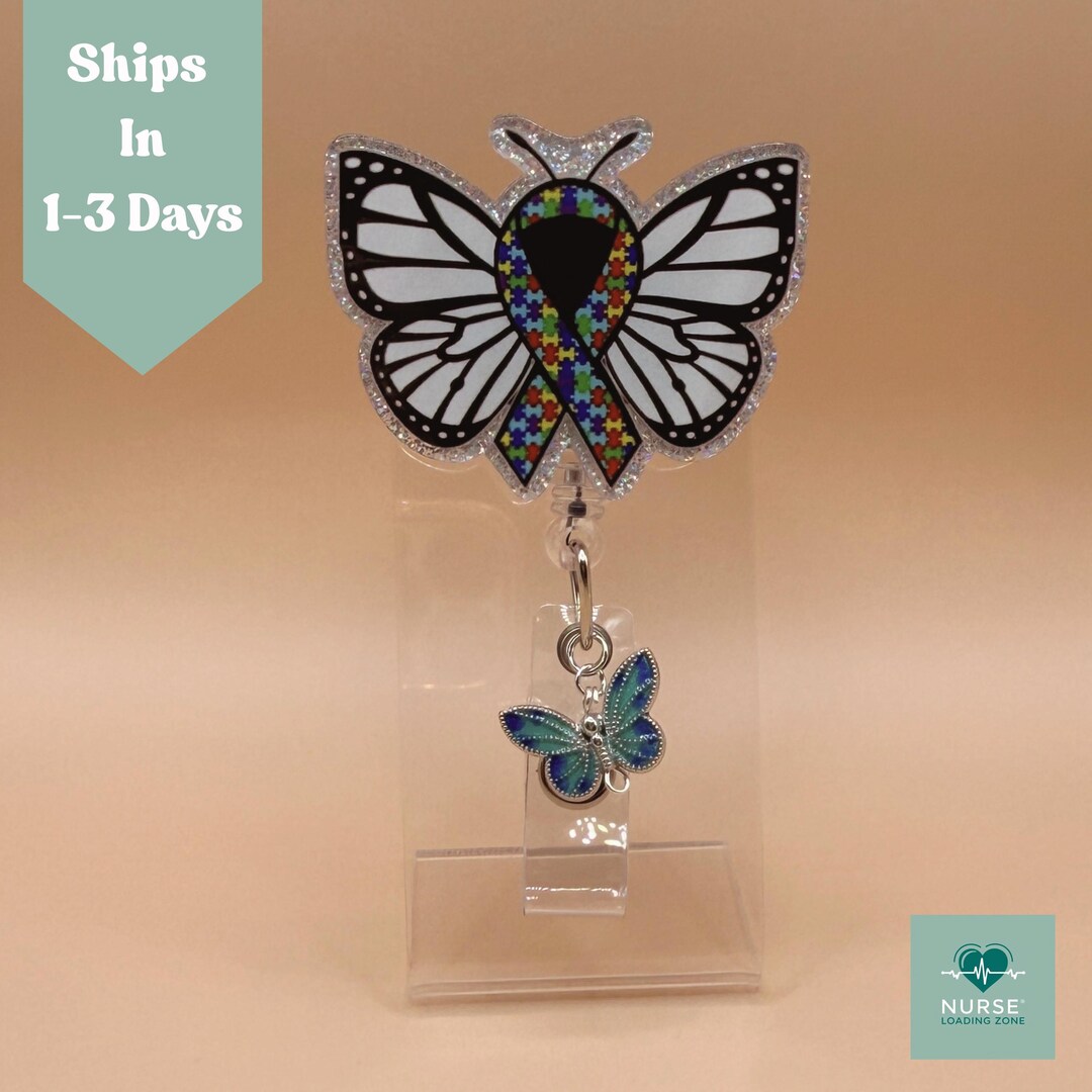 Butterfly Puzzle Autism Awareness Badge Reel Ribbon Glitter ID Holder ...