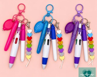 Juego de bolígrafos con insignia de enfermera, bolígrafo multicolor, linterna, marcador, resaltador y dije de cuenta en forma de corazón, llavero de regalo para el sector salud