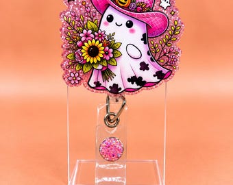 Porta credenciales de fantasma vaquera rosa, porta credenciales de enfermera con estampado floral de Halloween, porta credenciales de fantasma del oeste, lindo regalo espeluznante para el sector salud